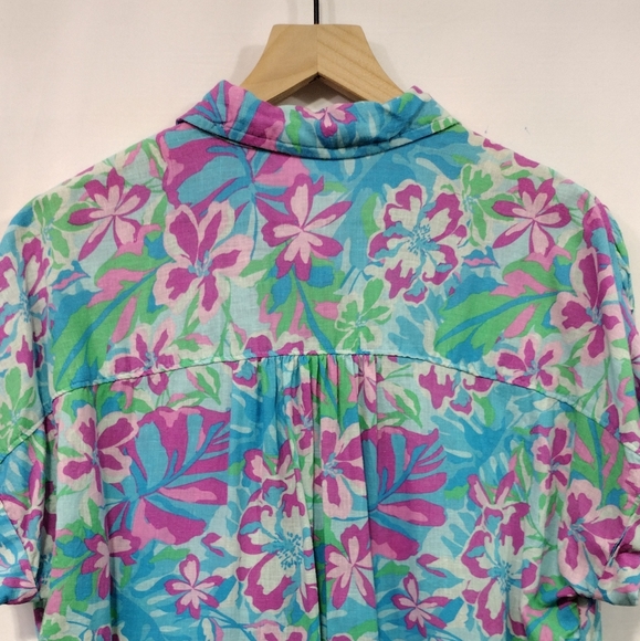 Time and Tru Linen Blend Floral Roll Cuff Button Shirt Womens M Multicolor Boho - Picture 8 of 10